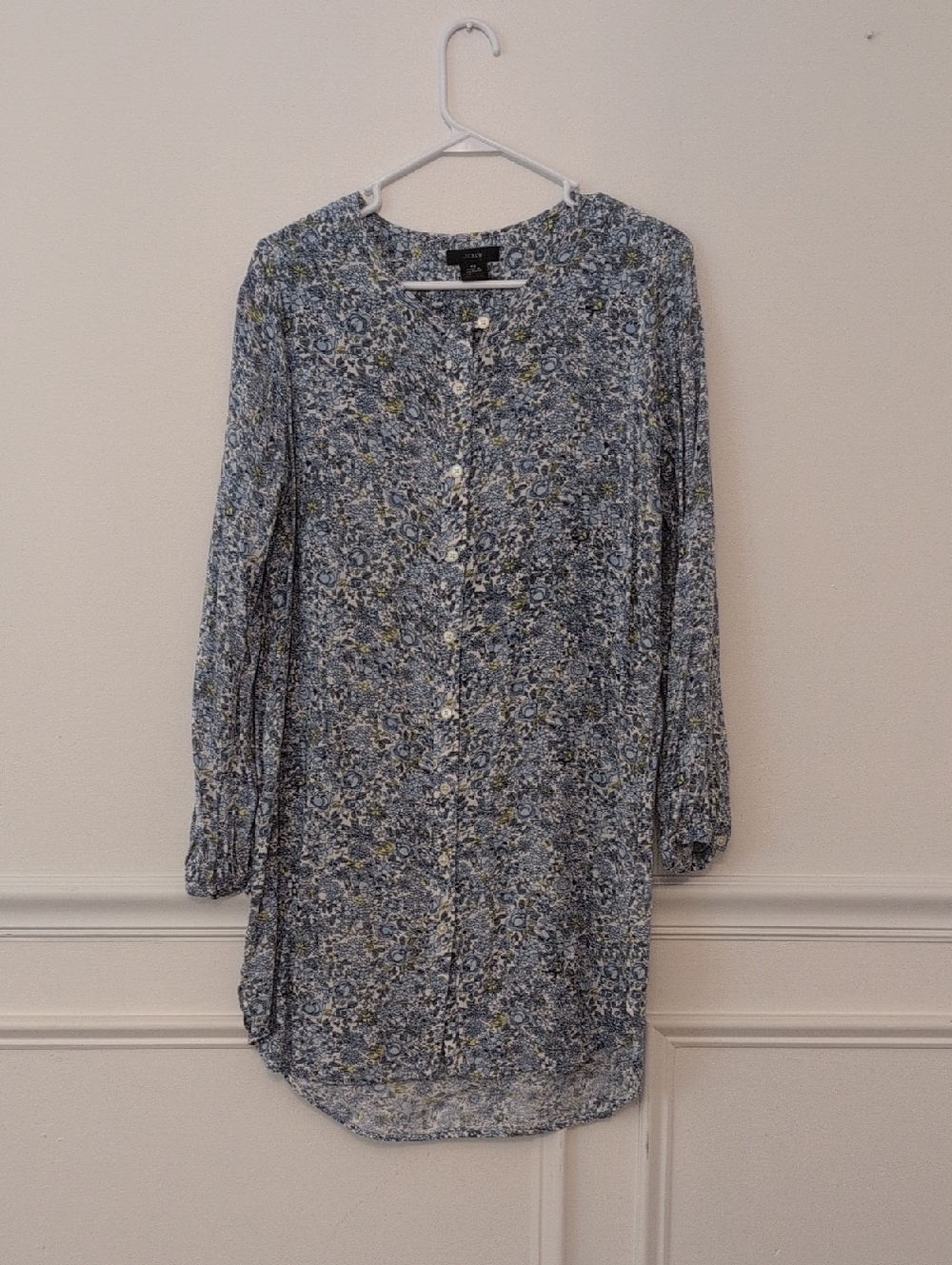 J. Crew Blue Floral Long Sleeve Button-Front Dress